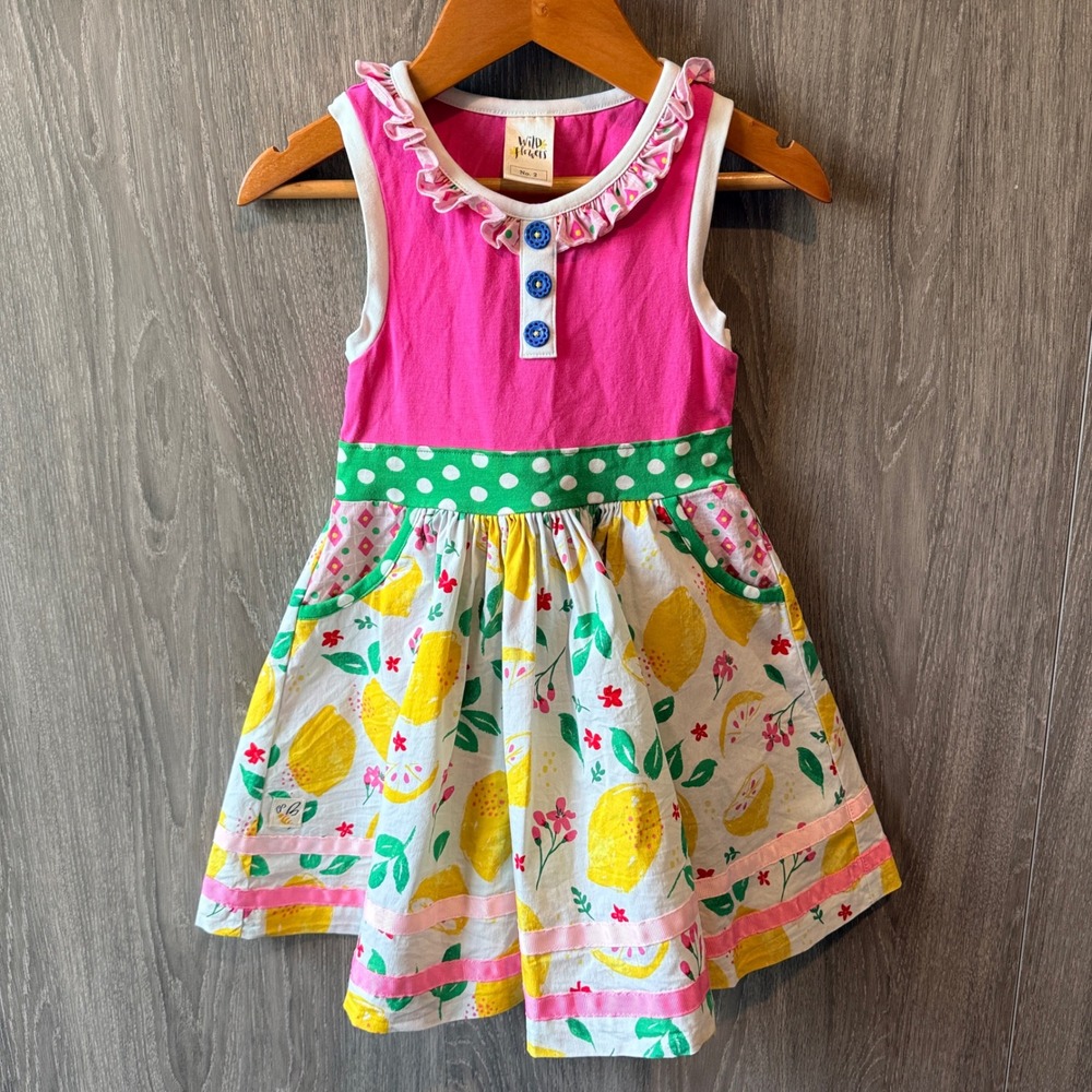 Wildflowers Lemon Print Dress Girls 2 Pink Green Polka Dot Ruffle Summer Cottage